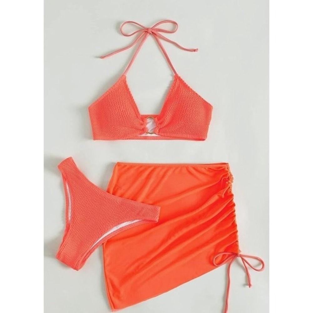 MakeMeChic Womens 3‎ Piece CORAL ORANGE Medium Bikini Set Swimsuit with Skirt